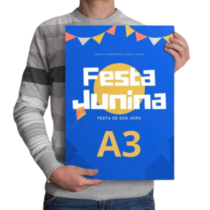 Cartaz A3 personalizado em papel couché de alta qualidade, disponível em 115g, 150g, 250g e 300g, perfeito para eventos e campanhas promocionais.