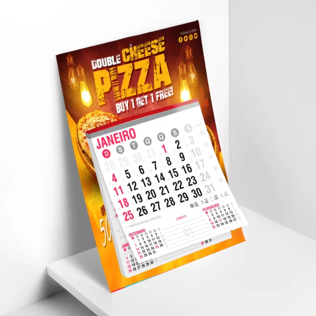 Calendário folhinha comercial 2026 personalizado com logotipo impresso em papel duplex 250g Título: Calendário Folhinha Comercial