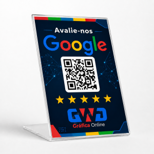 Display de acrílico em L tamanho A5 com QR Code para avaliação no Google, ideal para balcões e mesas de comércios.