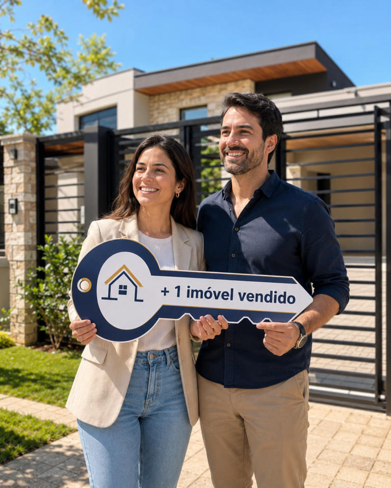 Casal segurando placa imobiliária em formato de chave com a frase + 1 imóvel vendido em frente a uma casa.