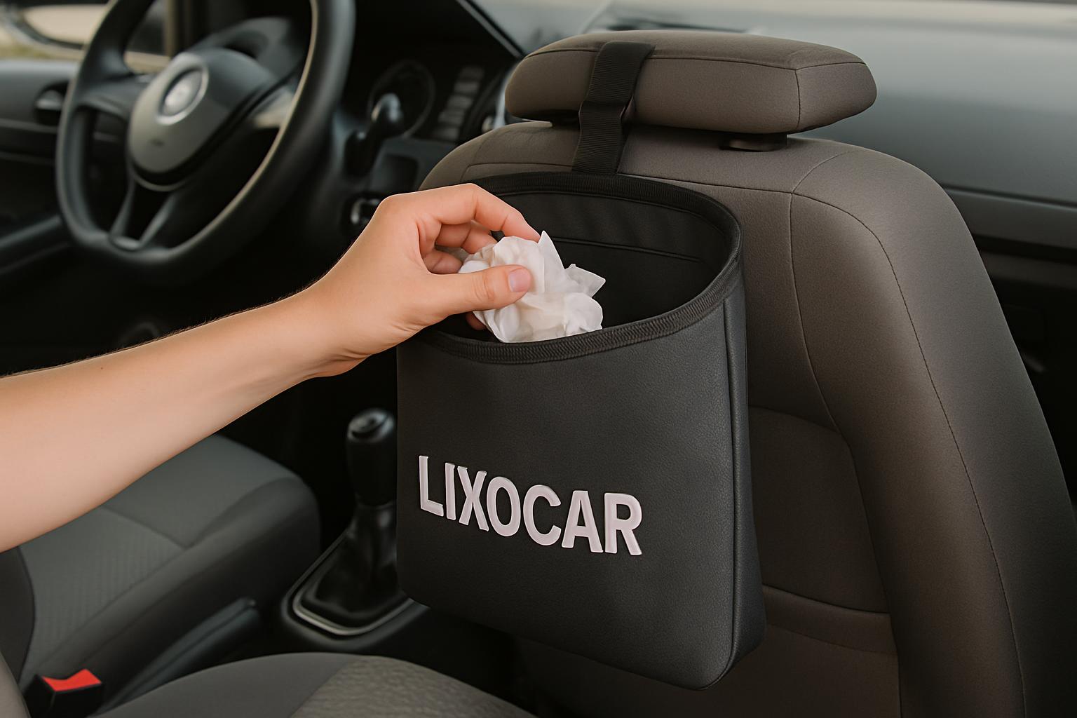 Lixeira personalizada para carro com design moderno e funcional em ambiente veicular