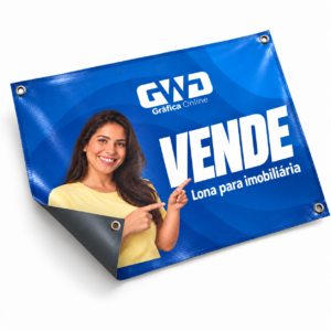 Placa de lona para imobiliária azul com a palavra Vende e ilhós nas pontas